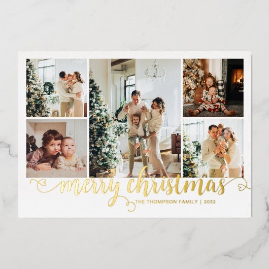 Modern Gold Merry Christmas Heart Script 5 Photo Folie Feestdagenkaart (Voorkant)