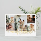 Modern Gold Merry Christmas Heart Script 5 Photo Folie Feestdagenkaart (Staand Voorkant)