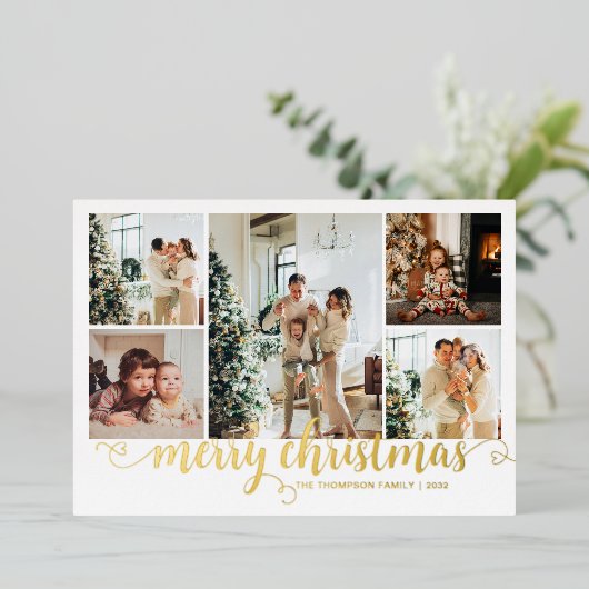 Modern Gold Merry Christmas Heart Script 5 Photo Folie Feestdagenkaart (Staand Voorkant)