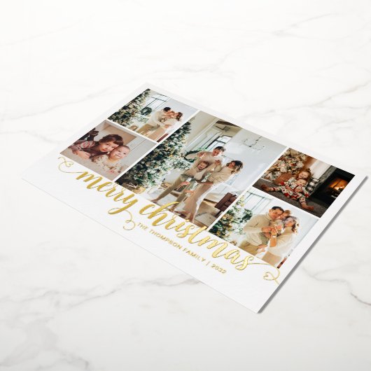 Modern Gold Merry Christmas Heart Script 5 Photo Folie Feestdagenkaart (Gedraaid)