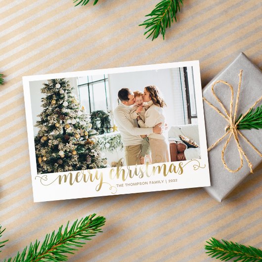 Modern Gold Merry Christmas Heart Script Photo Feestdagenkaart