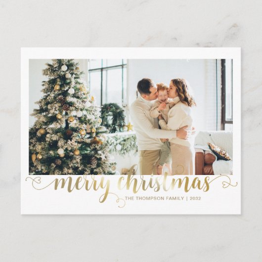 Modern Gold Merry Christmas Heart Script Photo Feestdagenkaart (Voorkant)