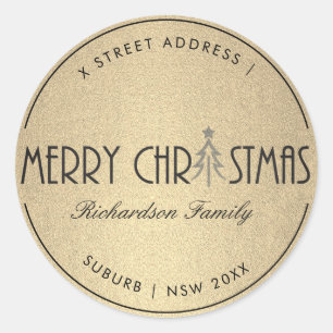 MODERN GOLD MERRY CHRISTMAS HOLIDAY ADDRESS RONDE STICKER