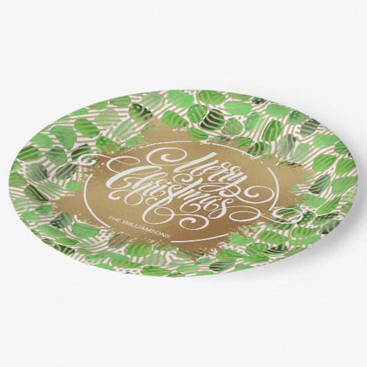 Modern Gold Merry kerst op groen Papieren Bordje (Gekanteld)