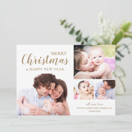 Modern Gold Merry-kerstfoto Collage Feestdagenkaart (Staand voorkant)
