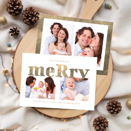 Modern Gold “Merry” Typography Photo Family Feestdagenkaart
