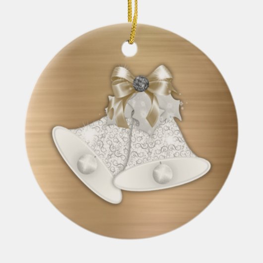 Modern Gold Metal White Bells Graphic Keramisch Ornament (Voorkant)