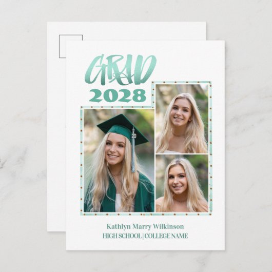 Modern Gold Mint Script 3 Foto Afstuderen Aankondigingskaart (Voorkant / Achterkant)