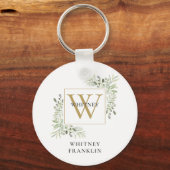 Modern Gold Monogram Elegant Greenery Sleutelhanger (Voorkant)