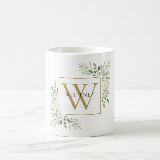 Modern Gold Monogram Greenery Floral Koffiemok (Center)