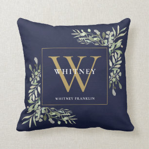 Modern Gold Monogram Greenery Navy Blue Kussen