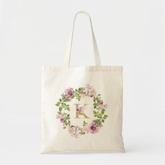 Modern Gold Monogram K Waterverf Floral Wreator Tote Bag (Voorkant)