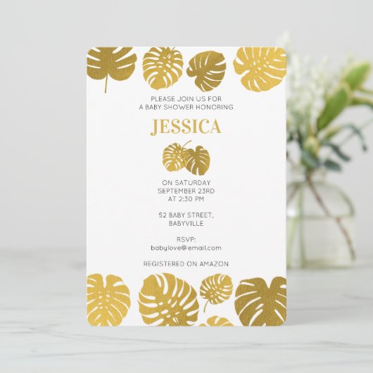 Modern Gold Monstera laat Baby shower over Kaart (Staand voorkant)