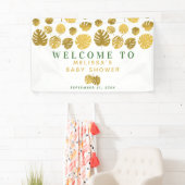 Modern Gold Monstera laat Baby shower welkom heten Spandoek (Insitu)