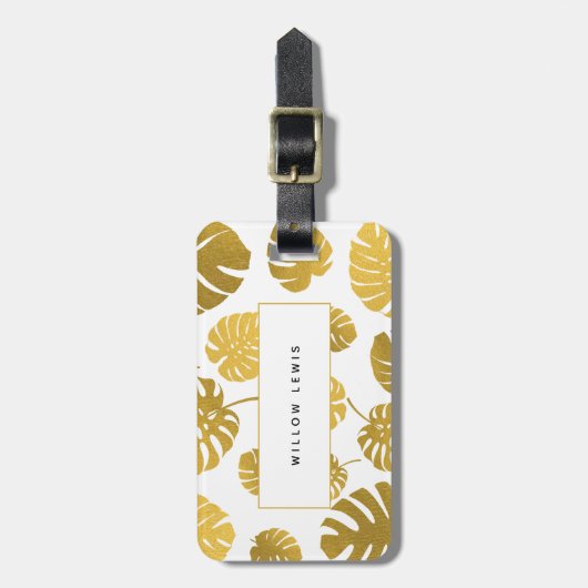 Modern Gold Monstera Tropical Leaves Pattern Bagagelabel (Voorkant verticaal)