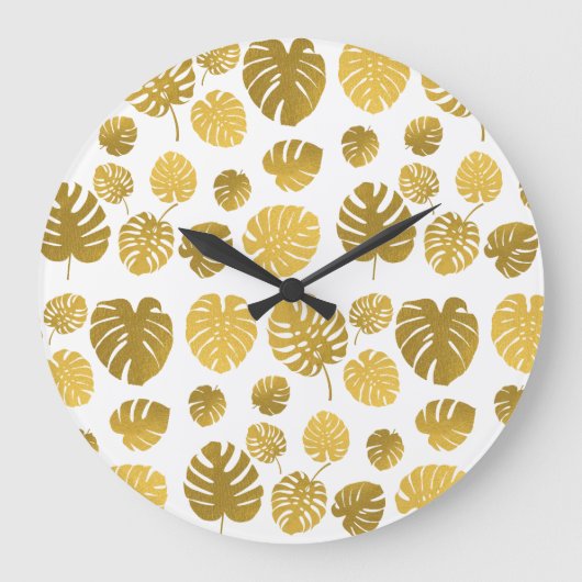 Modern Gold Monstera Tropical Leaves Pattern Grote Klok (Voorkant)