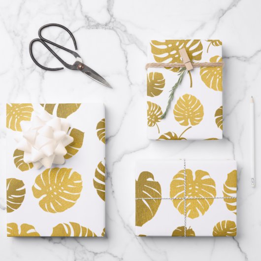 Modern Gold Monstera Tropical Leaves Pattern Inpakpapier Vel (Voorkant)