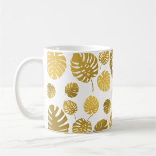 Modern Gold Monstera Tropical Leaves Pattern Koffiemok