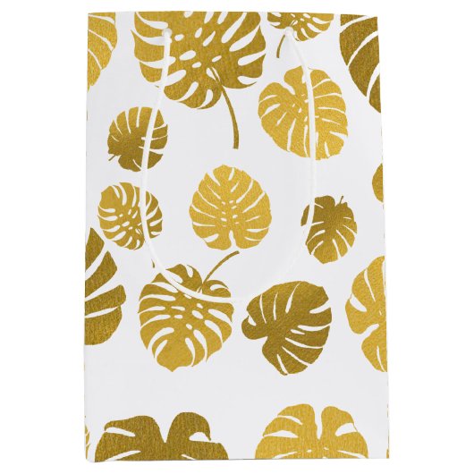 Modern Gold Monstera Tropical Leaves Pattern Medium Cadeauzakje (Voorkant)