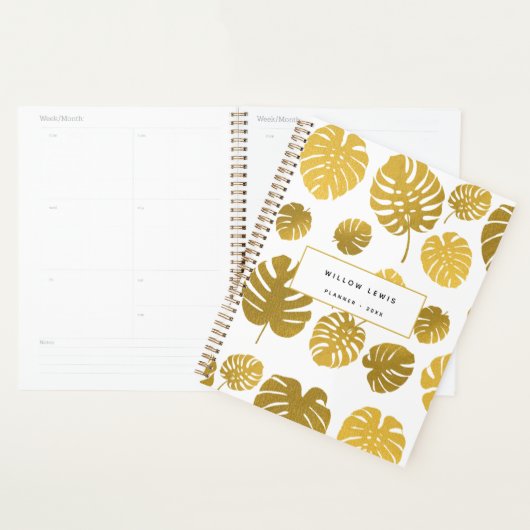 Modern Gold Monstera Tropical Leaves Pattern Planner (Display)