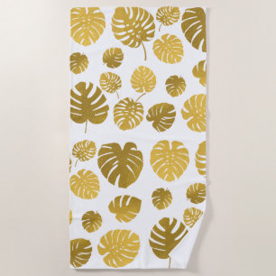 Modern Gold Monstera Tropical Leaves Pattern Strandlaken