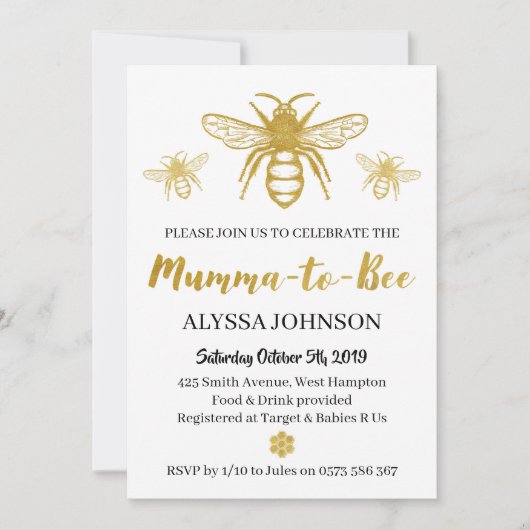 Modern Gold Mumma to Bee Baby shower Invitation Kaart (Voorkant)