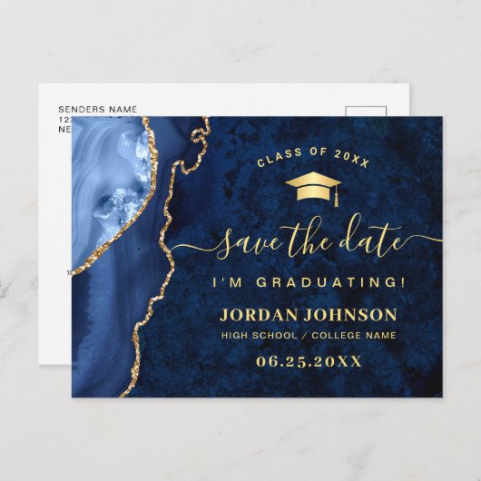 Modern Gold Navy Blue Afstuderen Save the Date Briefkaart (Voorkant / Achterkant)