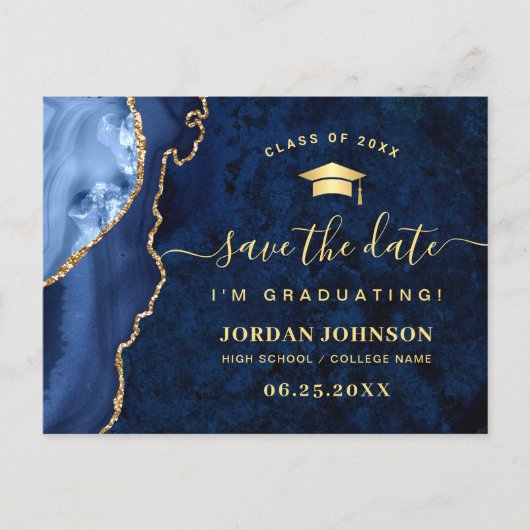 Modern Gold Navy Blue Afstuderen Save the Date Briefkaart (Voorkant)