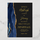 Modern Gold Navy Blue Agate Dark Wedding Folie Uitnodiging (Voorkant)