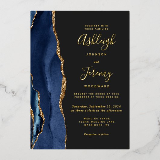 Modern Gold Navy Blue Agate Dark Wedding Folie Uitnodiging (Voorkant)