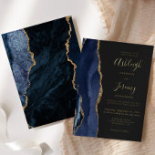 Modern Gold Navy Blue Agate Dark Wedding Folie Uitnodiging