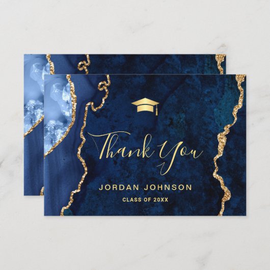 Modern Gold Navy Blue Marble Afstuderen Bedankkaart (Voorkant / Achterkant)