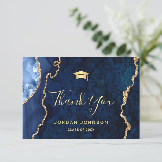 Modern Gold Navy Blue Marble Afstuderen Bedankkaart (Staand voorkant)