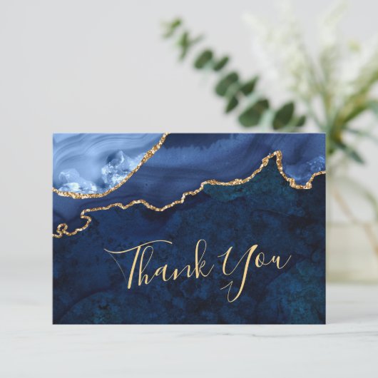 Modern Gold Navy Blue Marble Agate Bedankkaart (Staand voorkant)