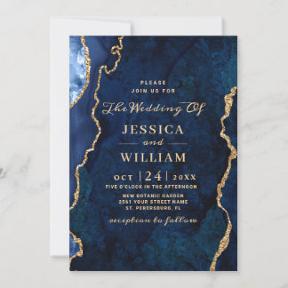 Modern Gold Navy Blue Marble Agate Wedding Kaart