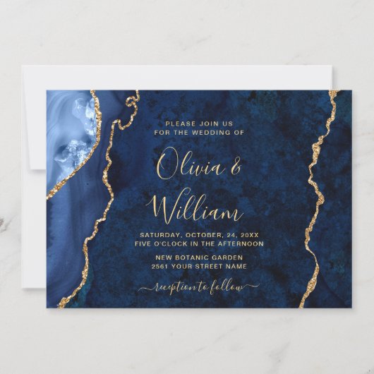 Modern Gold Navy Blue Marble Agate Wedding Kaart (Voorkant)
