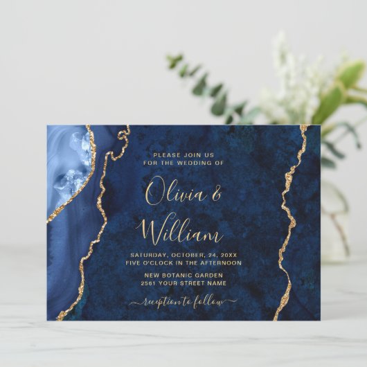 Modern Gold Navy Blue Marble Agate Wedding Kaart (Staand voorkant)