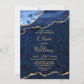 Modern Gold Navy Blue Marble Agate Wedding Kaart (Voorkant)