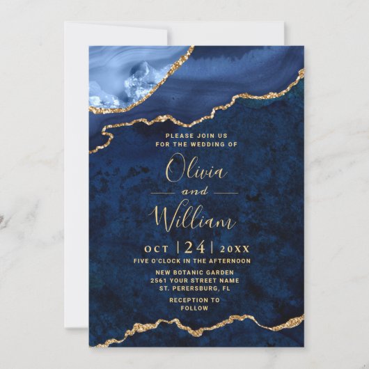 Modern Gold Navy Blue Marble Agate Wedding Kaart (Voorkant)