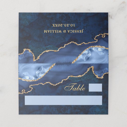 Modern Gold Navy Blue Marble Agate Wedding Table Plaatskaartje (Buitenkant ongevouwen)