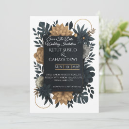  Modern Gold & Navy Floral Wedding Invitation  Kaart
