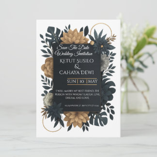  Modern Gold & Navy Floral Wedding Invitation  Kaart