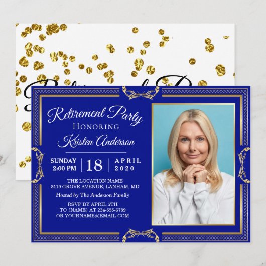 Modern Gold Navy Photo Retirement Party Invitation Kaart (Voorkant / Achterkant)