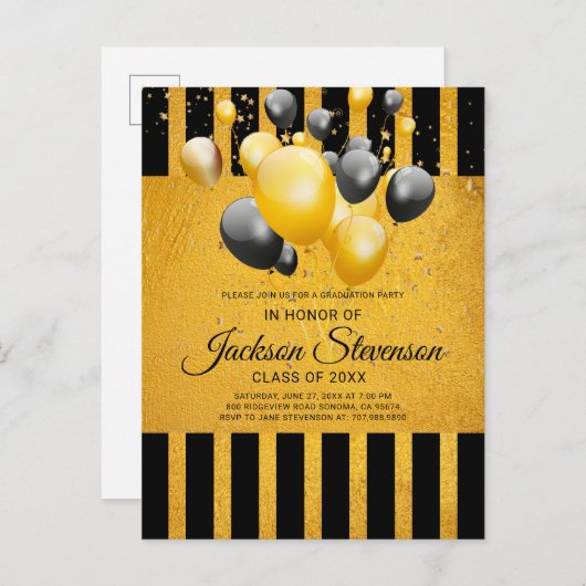 Modern Gold op Black Stripes Graduparty Uitnodiging Briefkaart (Voorkant / Achterkant)