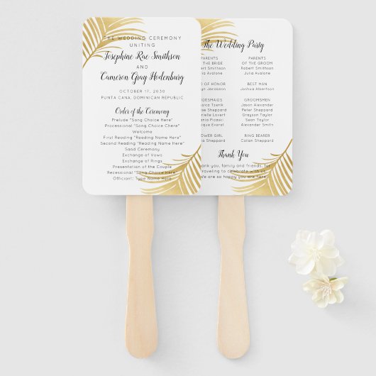 Modern Gold Palm Beach Wedding Program Fan Handwaaier (Voorkant en achterkant)