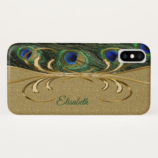 Modern Gold Peacock Feather Monogram Case-Mate iPhone Case (Achterkant (horizontaal))
