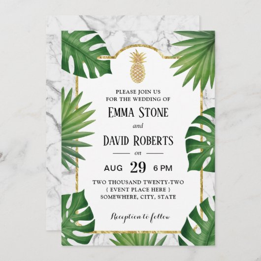 Modern Gold Pineapple Marble Tropical Wedding Kaart (Voorkant / Achterkant)