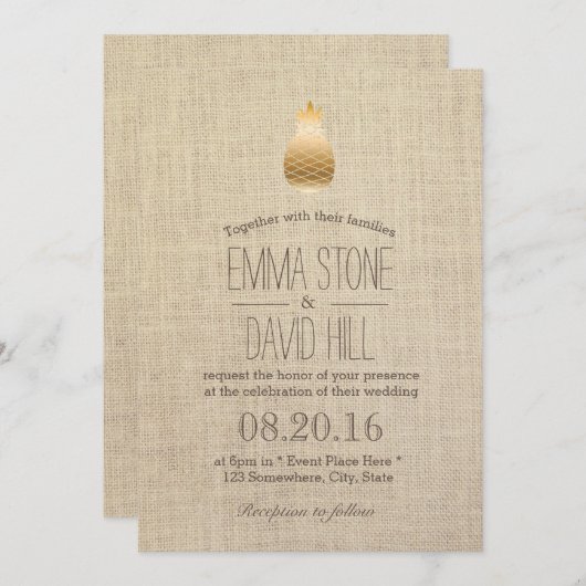 Modern Gold Pineapple Rustic Burlap Wedding Kaart (Voorkant / Achterkant)
