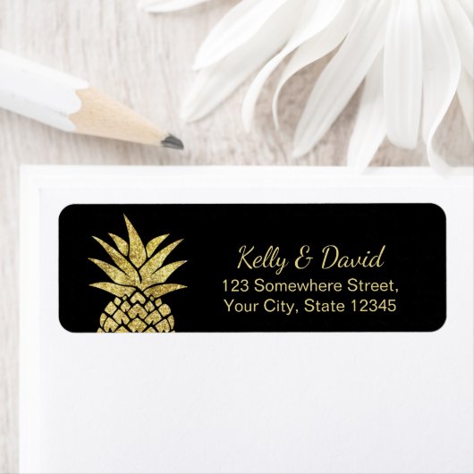 Modern Gold Pineapple Tropical Beach Wedding Etiket (Insitu)