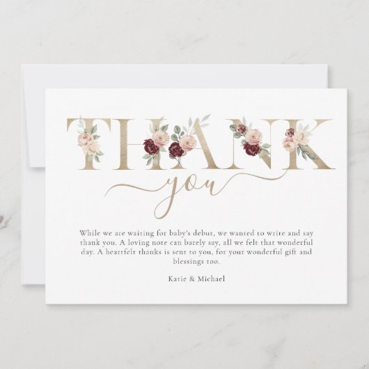 Modern Gold Pink Floral Baby shower Hartelijk dank Bedankkaart (Voorkant)